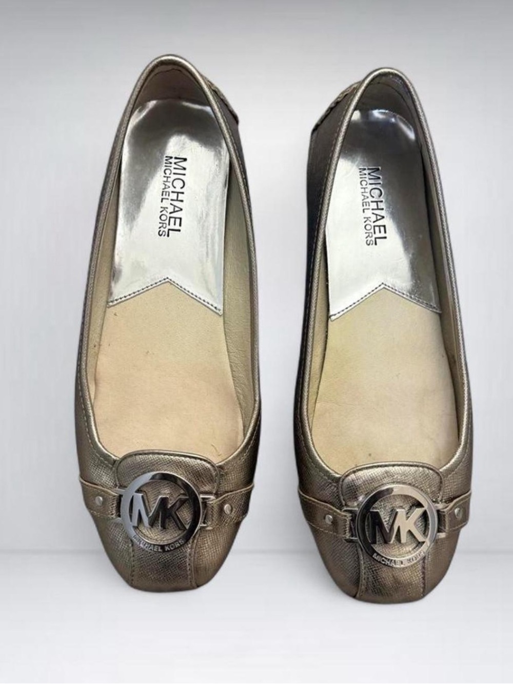 Michael Kors Metallic Bronze MK Logo Square-Toe Ballet Flats Women’s Size 7.5